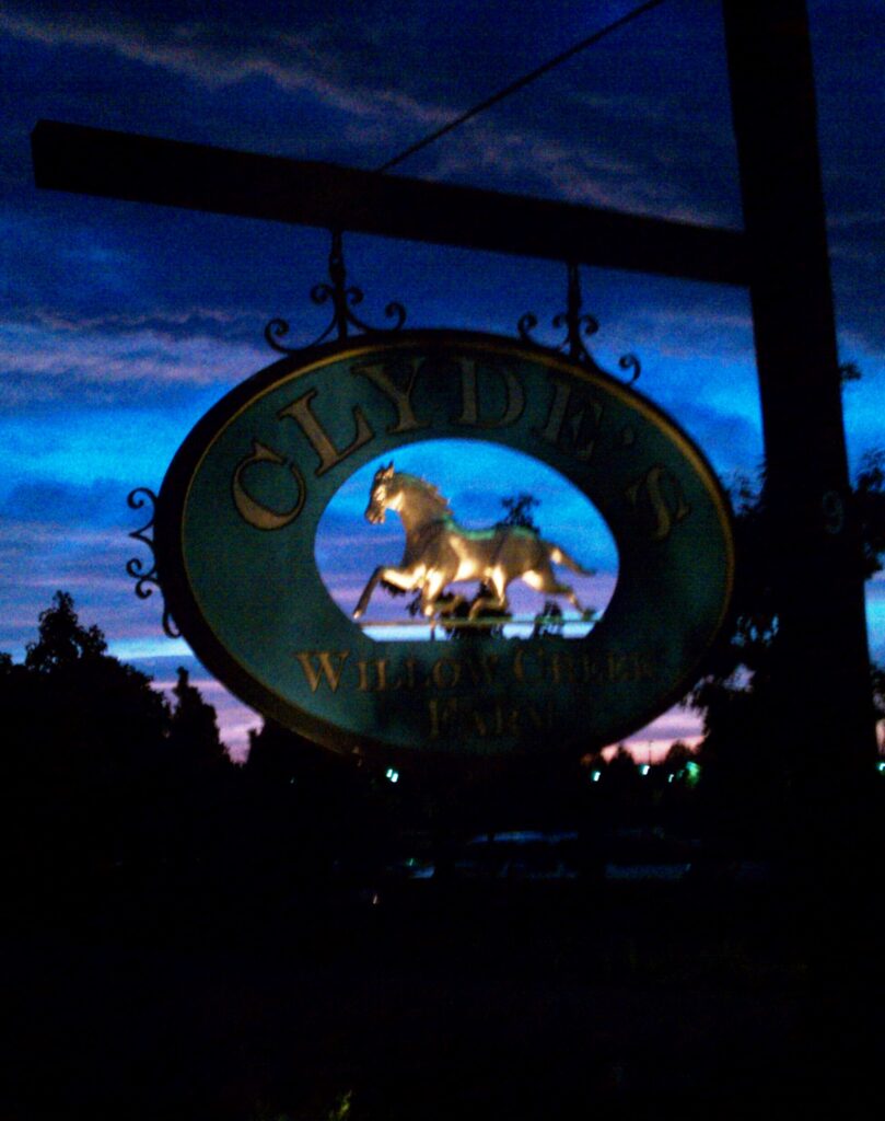The lit horse sign at Clyde's Willow Creek Farm against an evening sky